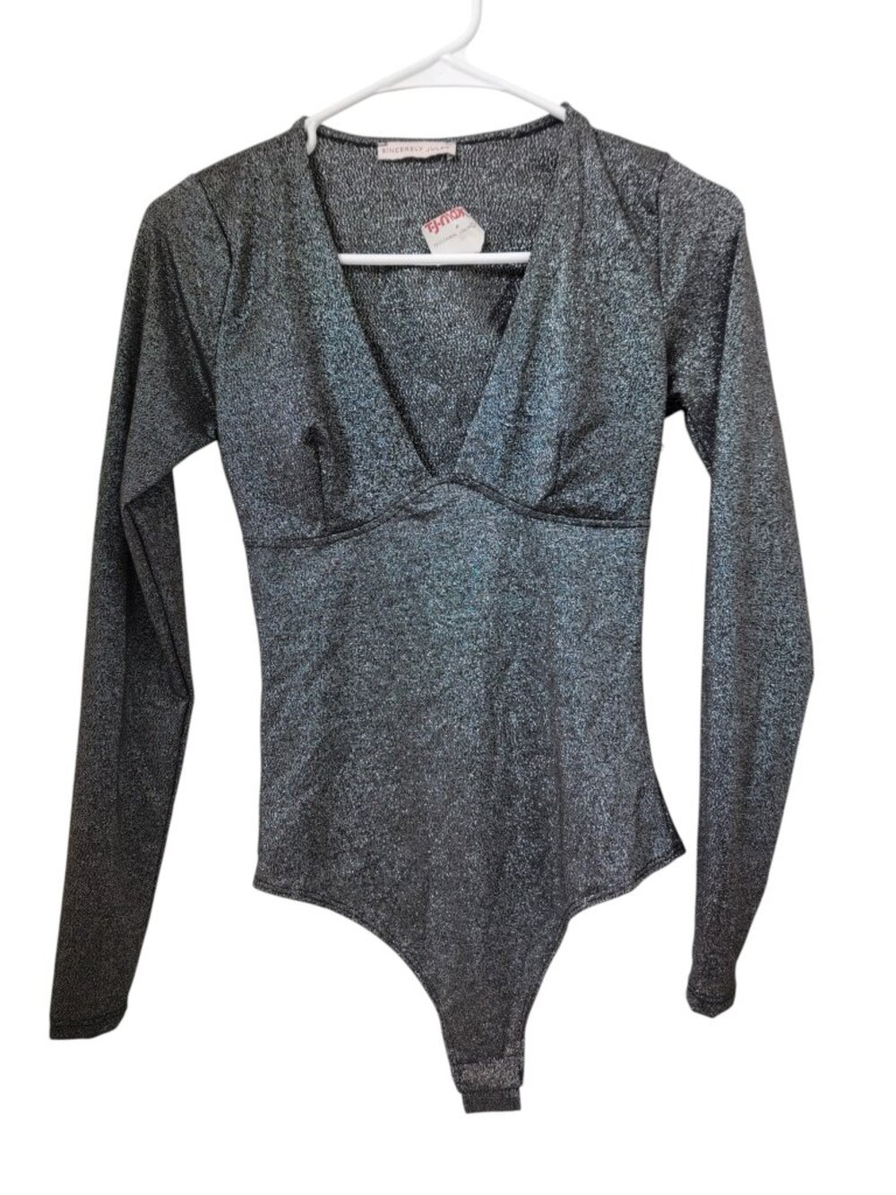 Sincerely Jules Size XS Black & Silver Metallic Shimmer V-Neck Bodysuit, NEW